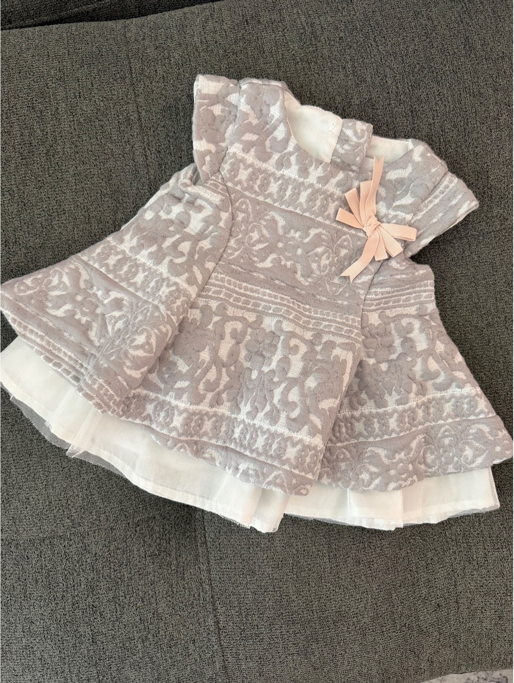 Camilla Baby Girl Jacquard Dress 6 Months Gray Ivory Blush Bow Tulle